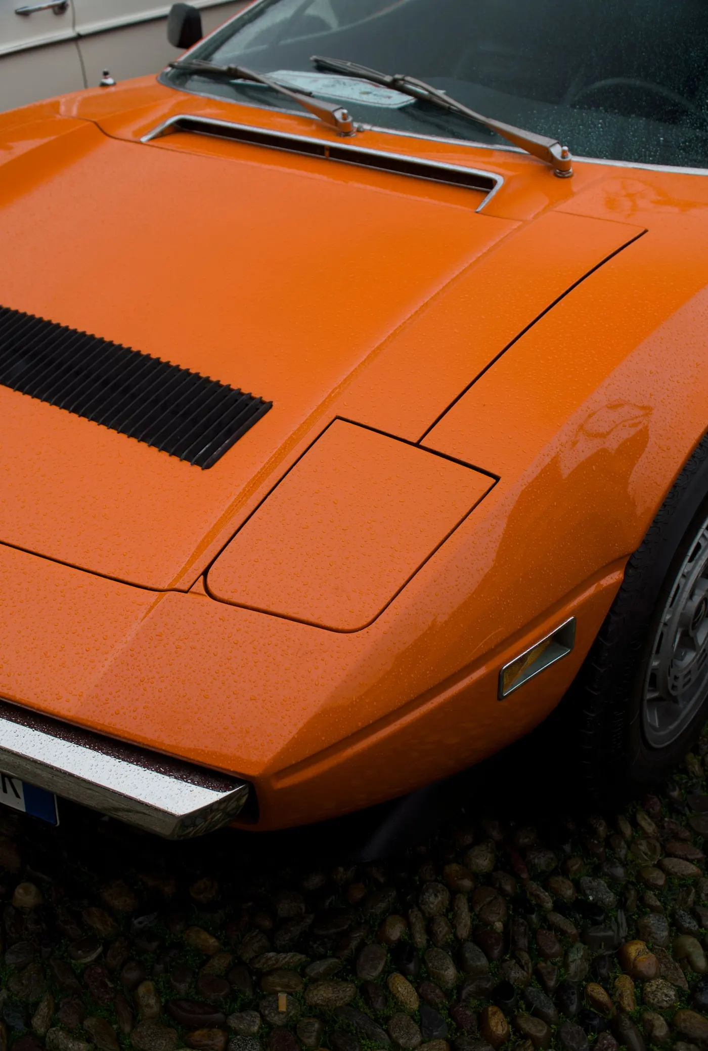 Rain beading on the orange hood of a vintage sports car